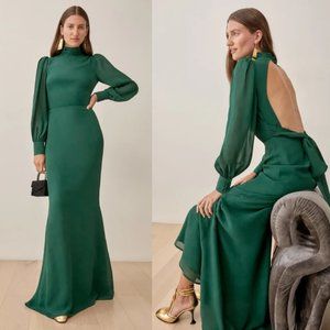 Reformation Midleton Dress Emerald Green Open Back Mock Neck Puffed Sleeves
